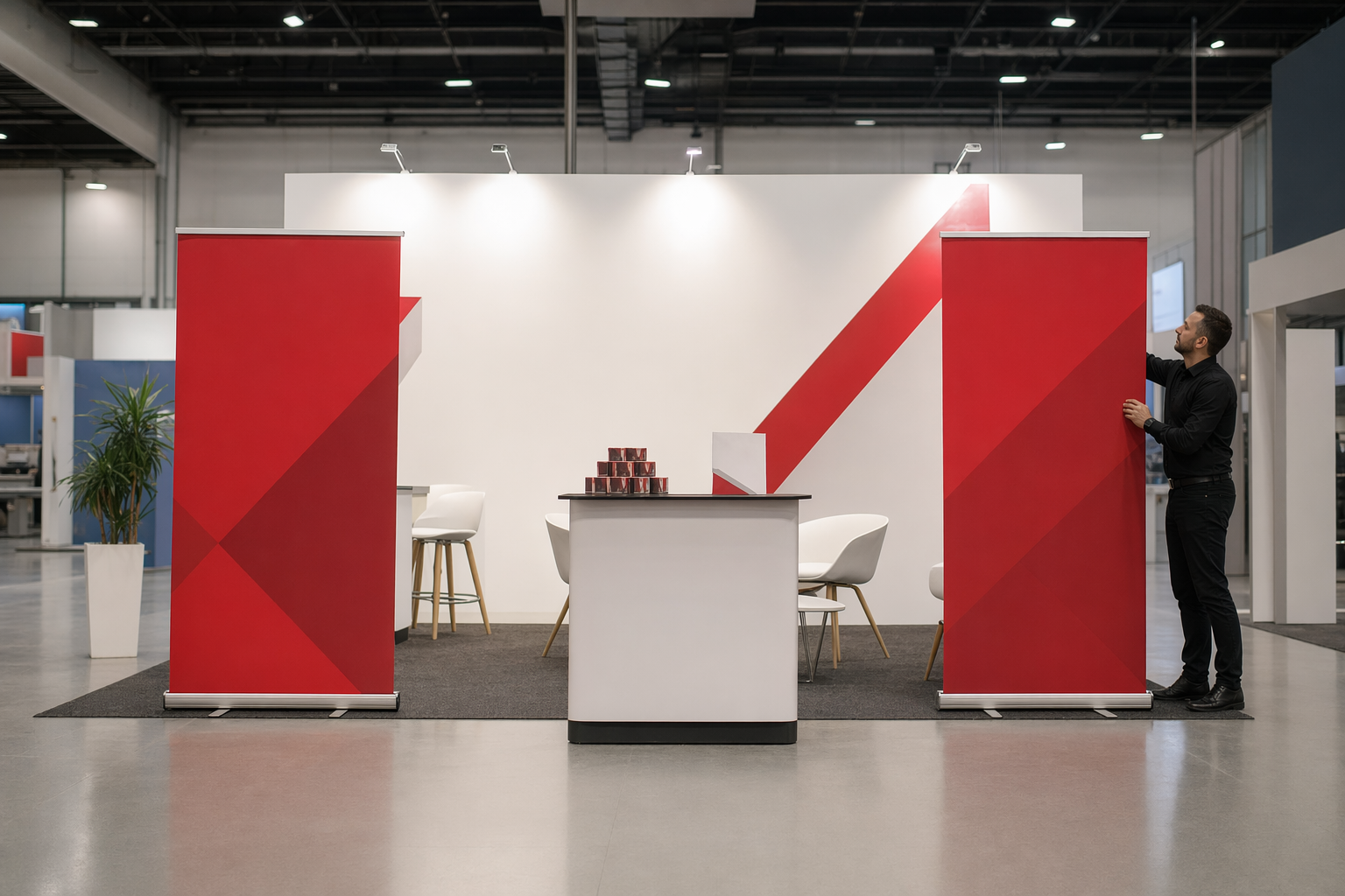 A clean modern trade show booth at a Pristina exhibition hall with roll-up banners, promotional magnets, and a team member making final adjustments.
