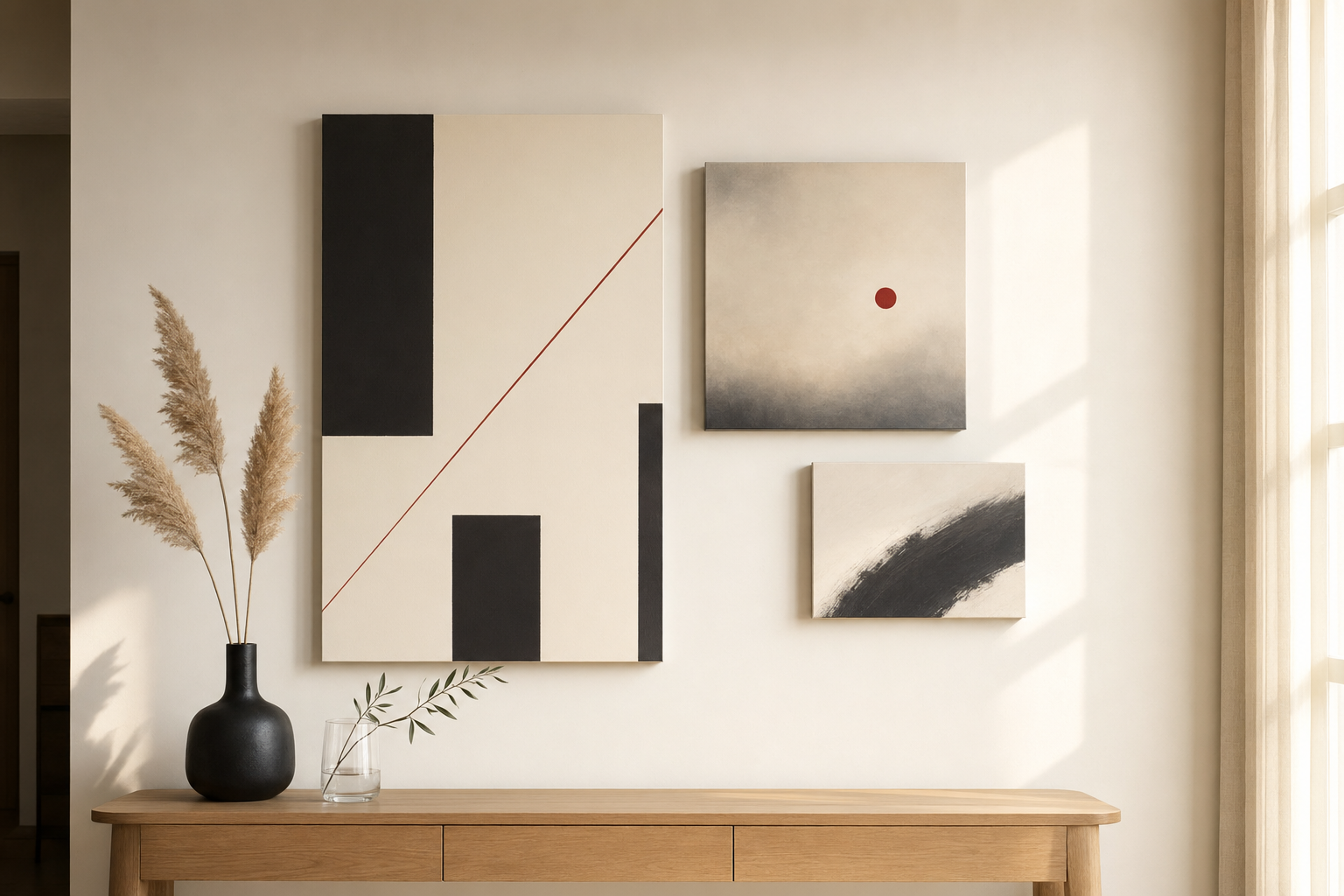 Mur galerie me tre kanvase abstrakte në masa të kombinuara në një ambient minimal