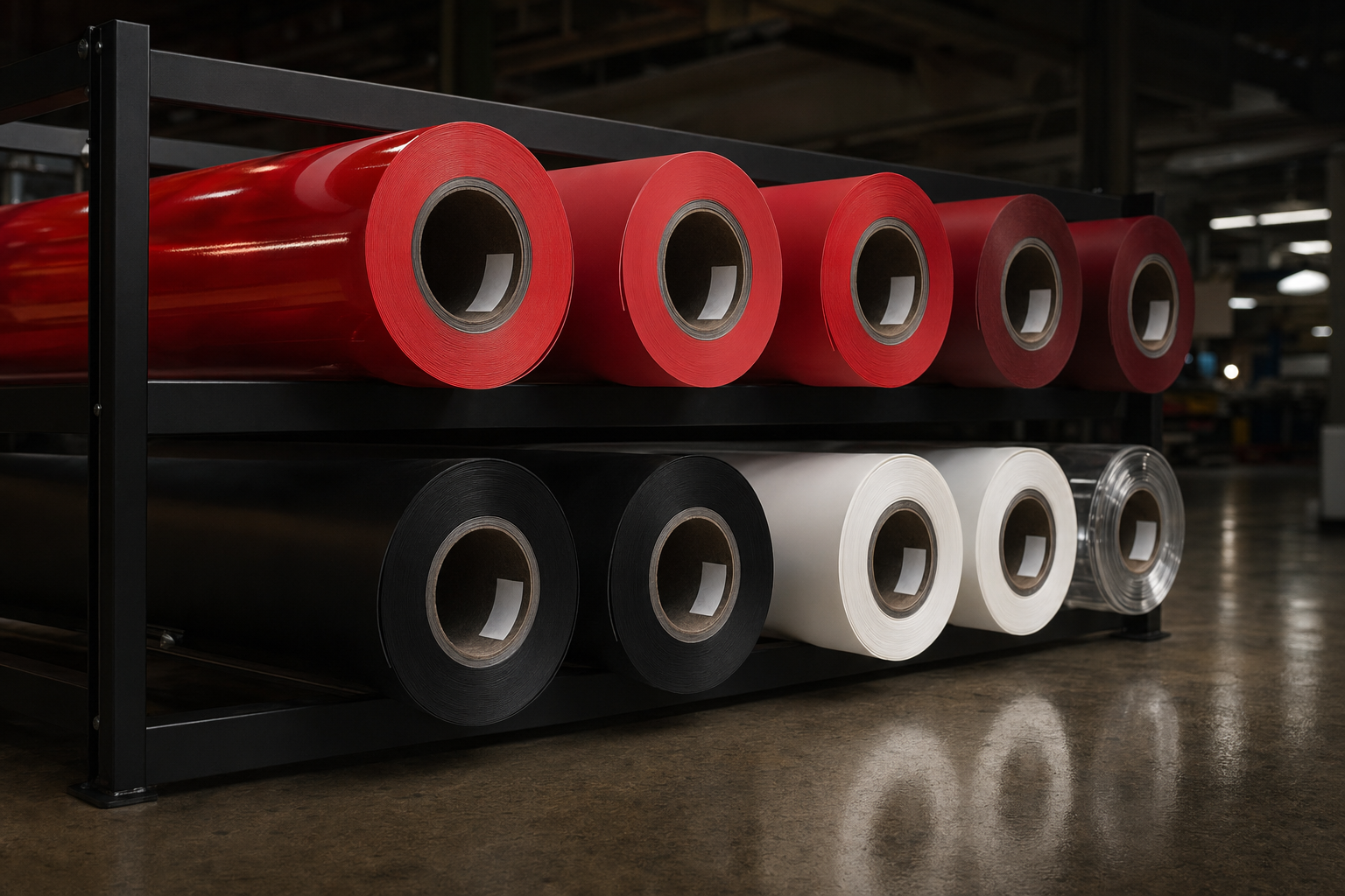 Rolat premium të folies vinili në kuqe, zi dhe të bardhë në repartin e JusaPrint