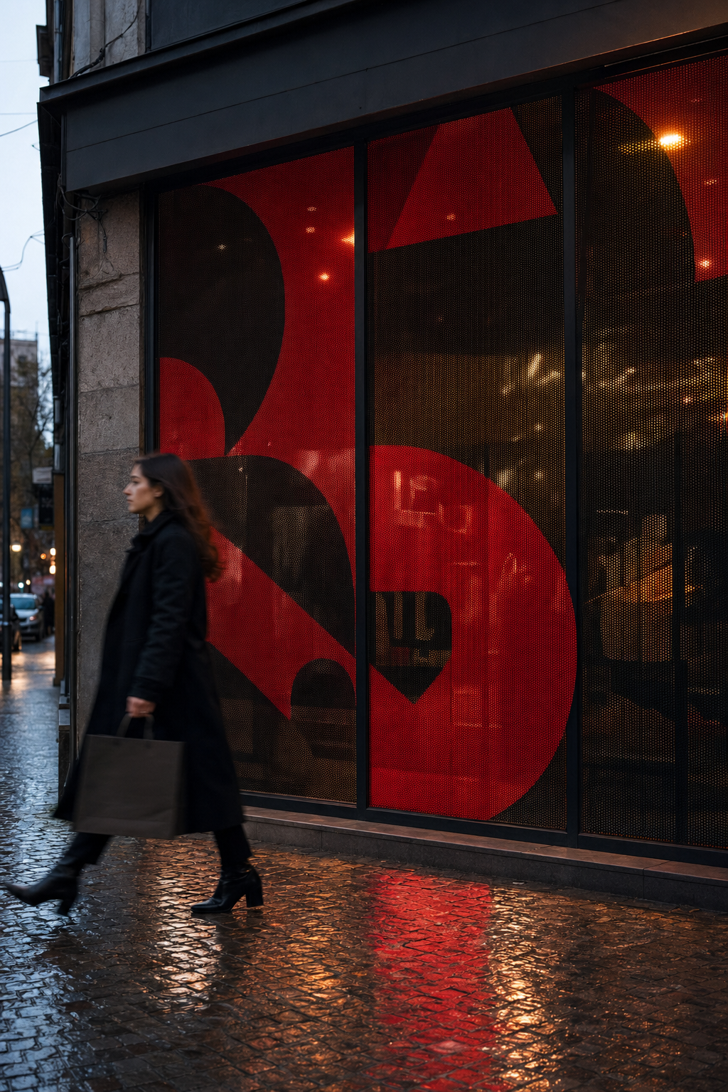 Folje me vrima e instaluar në vitrinën e një dyqani