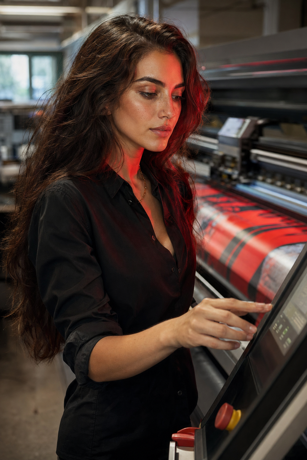 Operatore profesionale e shtypit duke kontrolluar printerin industrial